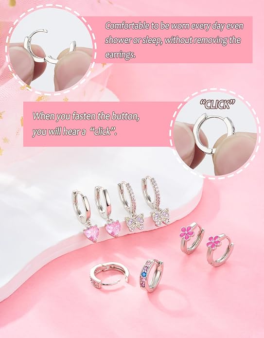 Hypoallergenic Screw Back Earrings for Women Girls Kids Surgical Steel Earrings for Sensitive Ears Cute Heart CZ Flower Butterfly Toddler Girl Earrings Screwback Studs Hoops