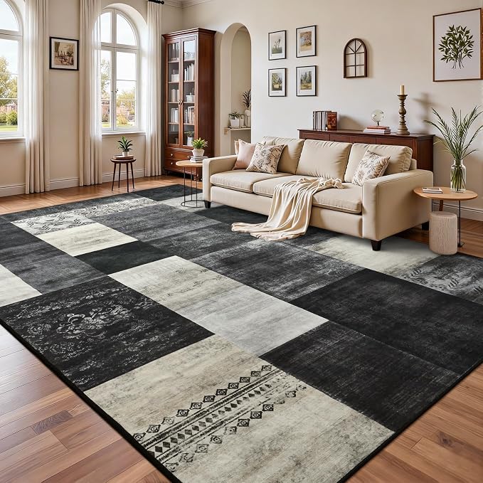 DweIke Washable Area Rugs 4x6 for Living Room, Modern Geometric Black White Soft Patchwork Carpet, Non-Slip Stain Resistant Throw Rug for Bedroom Dining Room Office Home Decor