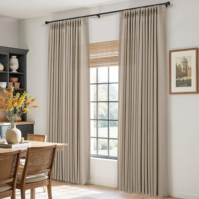 Aersas Eggshell Beige Linen Curtains 112 Inches Long for Living Room Pinch Pleated Drape Hooks Rings Back Tab Semi Sheer Light Filtering Curtain for Bedroom Sliding Patio Door 2 Panels 40x112