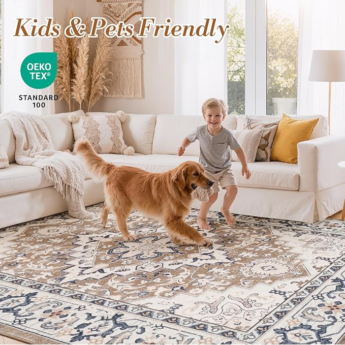 5x7 Washable Rugs, Area Rugs for Living Room, Bedroom, Kitchen, Vintage Boho Carpets, Soft Non-Slip Low Pile Large Area Rug for Dining Room Home Office Indoor Nursery, Brown Cream