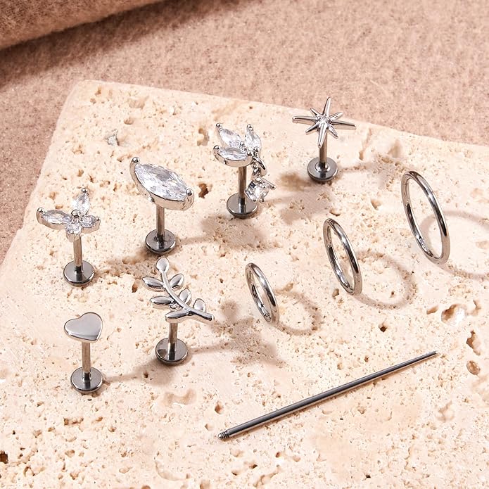 G23 Titanium 10Pcs 16G/18G Stud Earrings Flat Back Tragus Cartilage Earrings Rings Hoops CZ Butterfly Flower Leafage Heart Stud Labret Conch Helix Piercing Jewelry Set