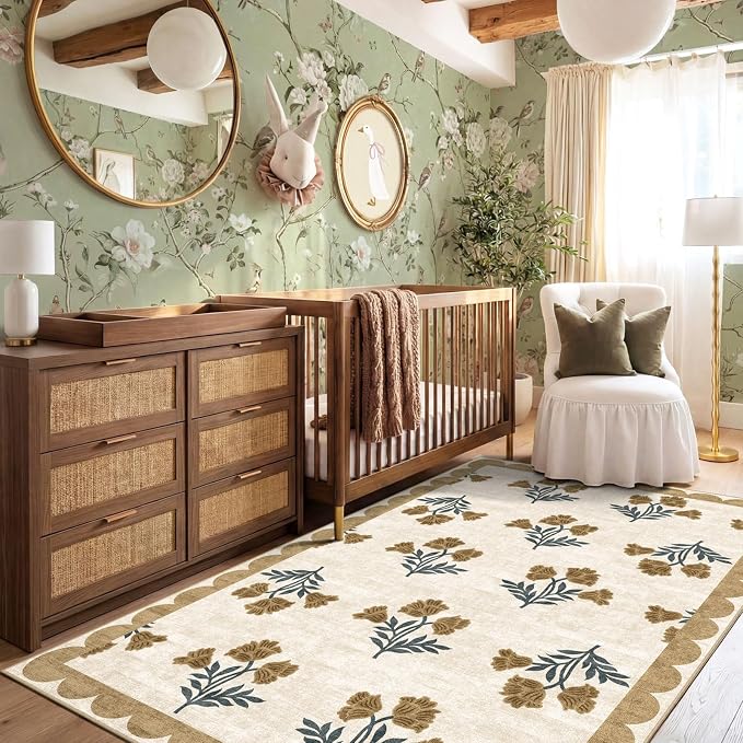 4x6 Area Rug for Bedroom - Soft Washable Boho Beige Living Room Rug Non Slip Entryway Rug Boho Floral Farmhouse Scalloped Rugs for Living Room Dining Room Kitchen Nursery Foyer Decor