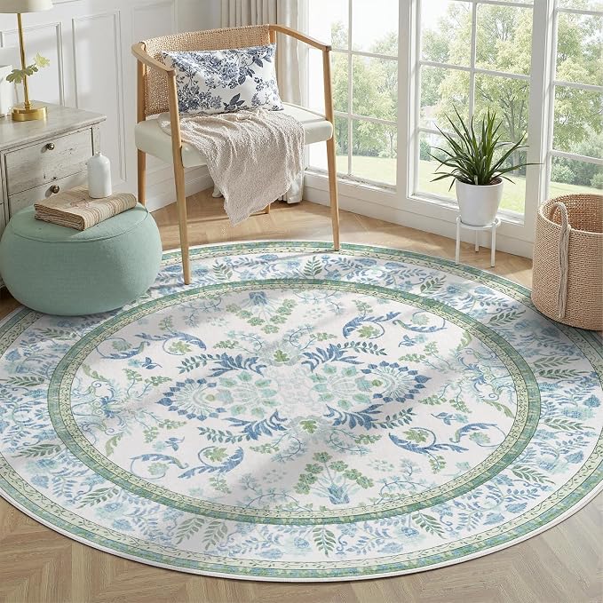 DCX Area Rug 4x4 Botanical Floral Washable Rugs in Green and Blue Soft Non Slip Low Pile Stain Resistant Round Carpet for High-Traffic Areas Bedroom Kitchen