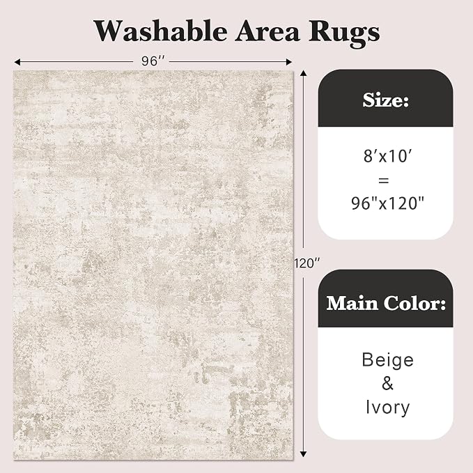Art&Tuft Washable Rugs 8x10, Anti-Slip Backing Abstract 8x10 Area Rugs for Living Room, Foldable Stain Resistant Machine Washable Area Rug (8'x10', Beige)