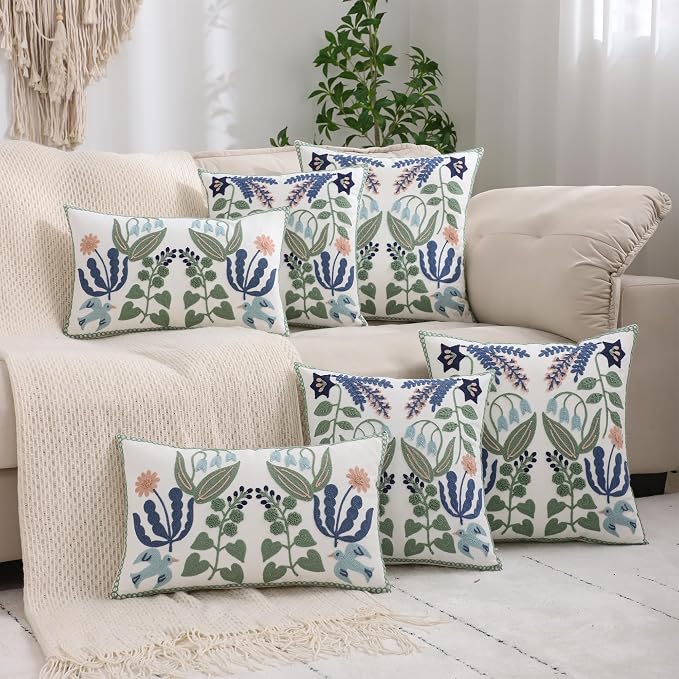 Embroidered Throw Pillow Covers 16x16 Pack of 2 Green Leaves with Birds Floral Tufted Pillowcases Summer Decor Coastal Pillow Cushion Cases Square Navy Blue Flower Pillow Case