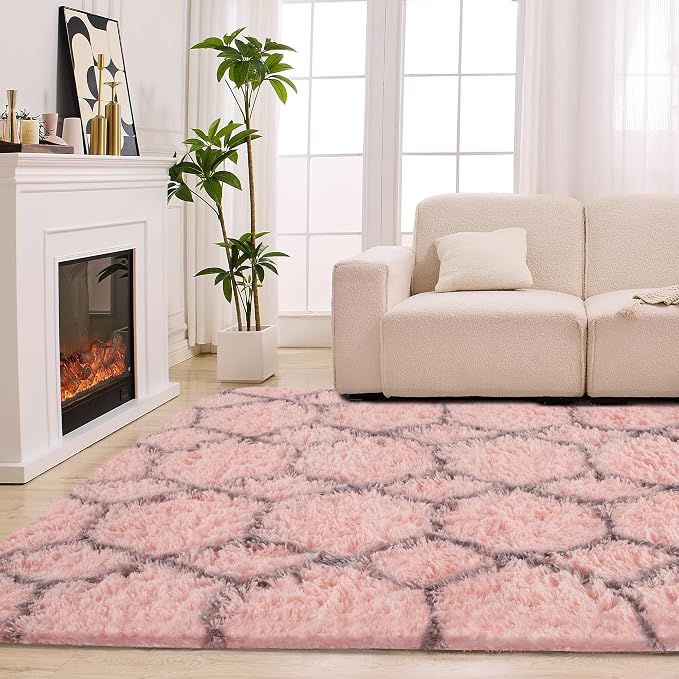 Fluffy Rug for Bedroom, Soft 6x9 Pink Shag Plush Geometric Area Rugs | Modern Pink and Grey Rug, Non Slip Carpet for Living Room, Aesthetic Home Decor, Fuzzy Floor Mat for Nursery Teen Dorm