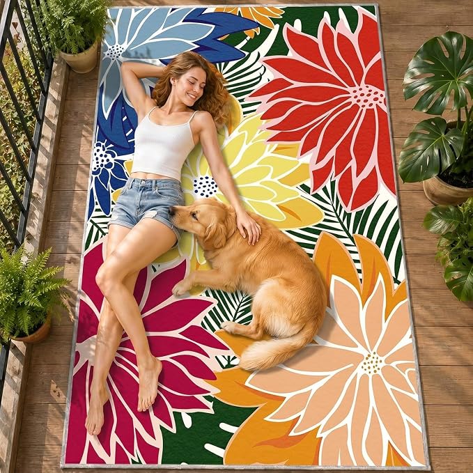 ZonLi Colorful Outdoor Rug 9x12Ft Waterproof Multicolored Indoor Area Rug Washable Outdoor Patio Rugs Tropical Floral Non Slip Outdoor Carpet for Living Room, Pool,Backyard,Deck,Camping