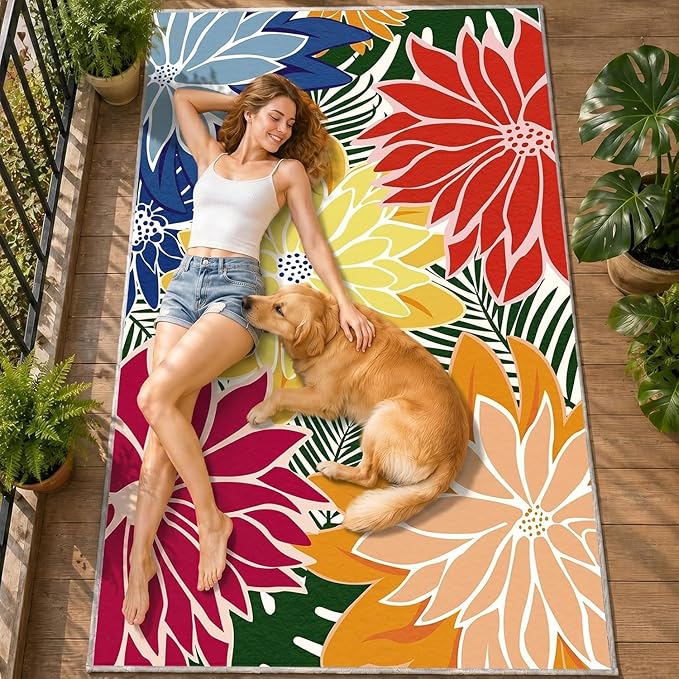 ZonLi Colorful Outdoor Rug 8x10Ft Waterproof Multicolored Indoor Area Rug Washable Outdoor Patio Rugs Tropical Floral Non Slip Outdoor Carpet for Living Room, Pool,Backyard,Deck,Camping