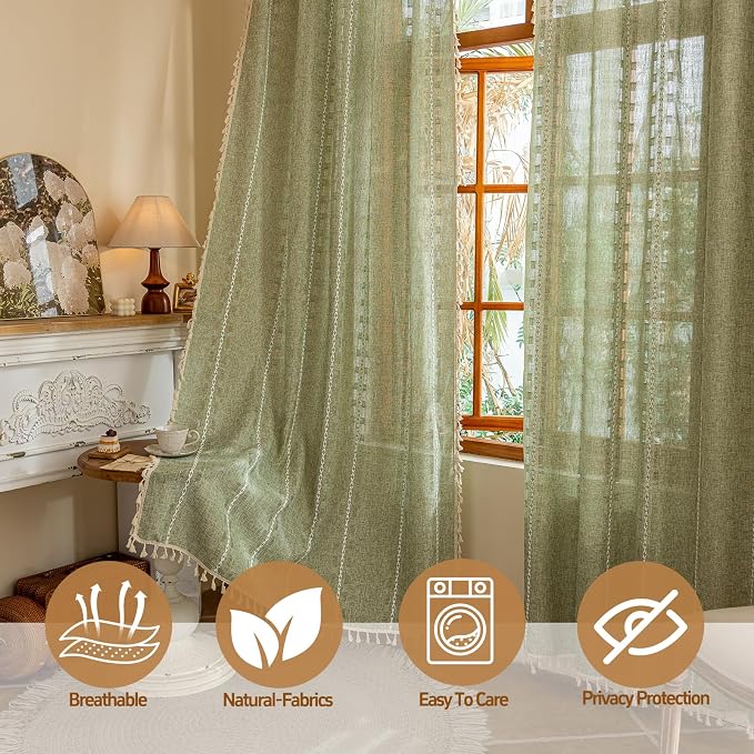 Sage Green Boho 96 inch Curtains 2 Panel Set for Living Room Dining room Floor to Ceiling , Light Filtering Tassels Privacy Country Vintage Christmas Bohemian Stripes Window Treatment Back Tab, 50"W