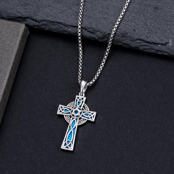 HPQQ Cross Necklace 925 Sterling Silver Turquoise Tree of Life Celtic Knot Cross Pendant Jewelry Mother's Day Gifts for Women