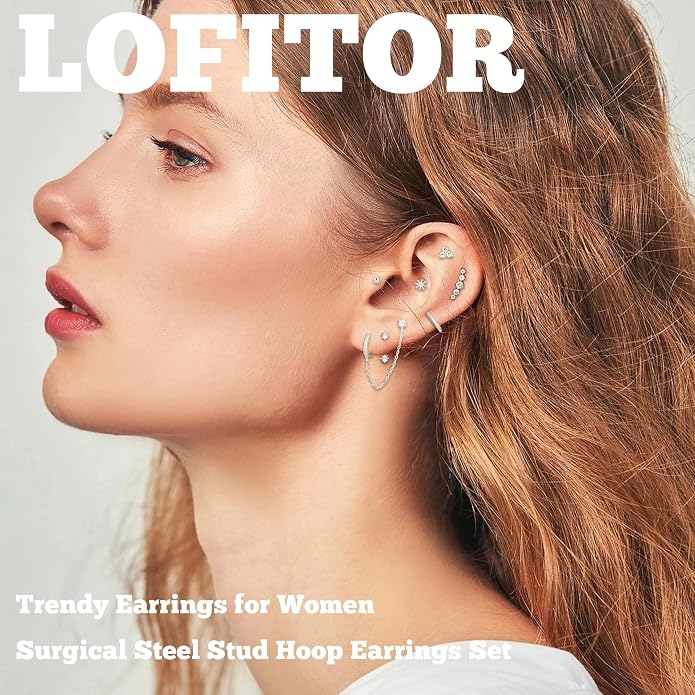 LOFITOR Gold Earrings for Women Hypoallergenic 20G Surgical Stainless Steel Flat Back Stud Earrings Dainty Stackable Earring Stacks Hoop Cartilage Earring Sets for Multiple Piercing