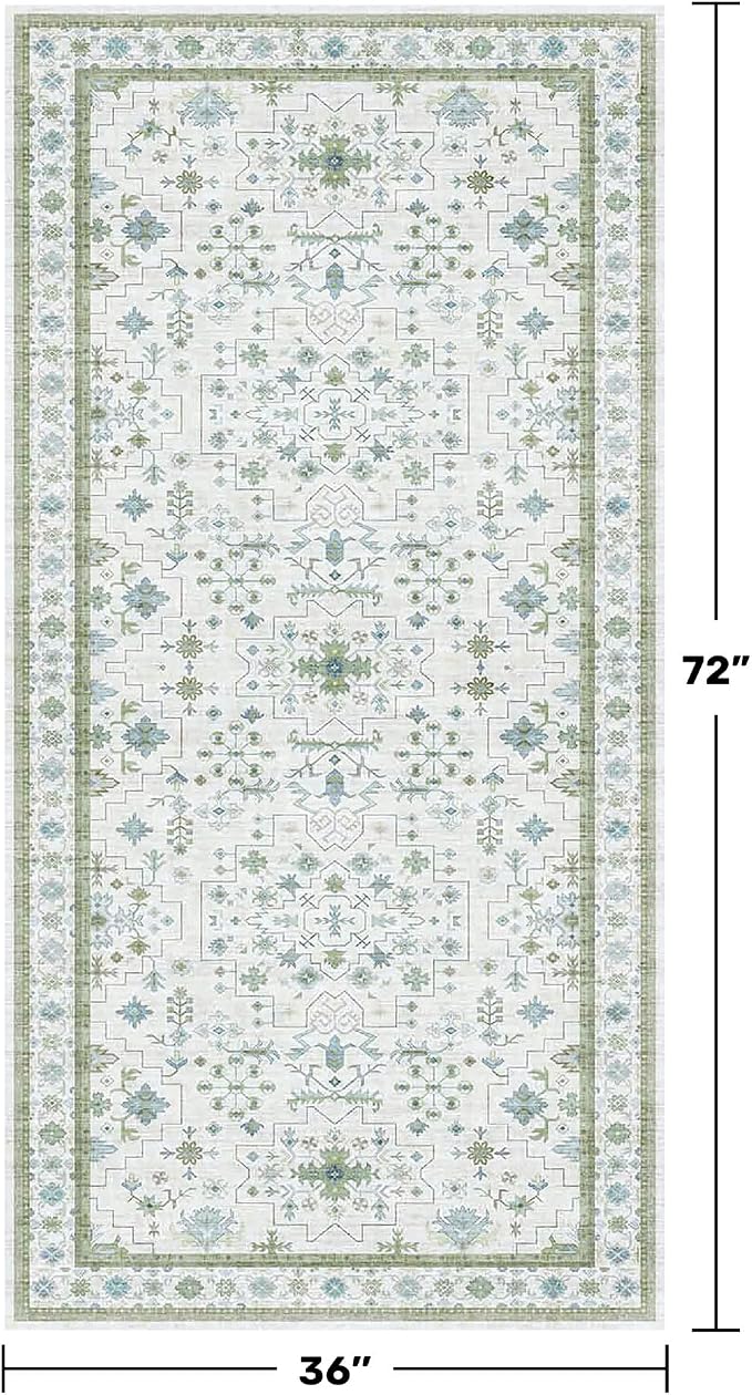 Hazo Haus Blue and Green Washable Rugs 3x6 - Vintage Boho Floral Pastel Cream, Washable Low Pile Non Slip Small Throw Accent Area Rug for Entry Way, Laudry Room, Kitchen, Bedroom Beside Bed Decor