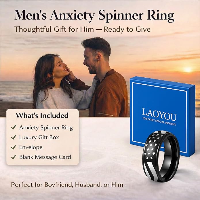 LAOYOU Fidget Anxiety Ring for Men | 8mm Spinner Band for Calming, Worry, Stress Relief & Mindfulness | Hypoallergenic Stainless Steel Comfort Fit Non Tarnish