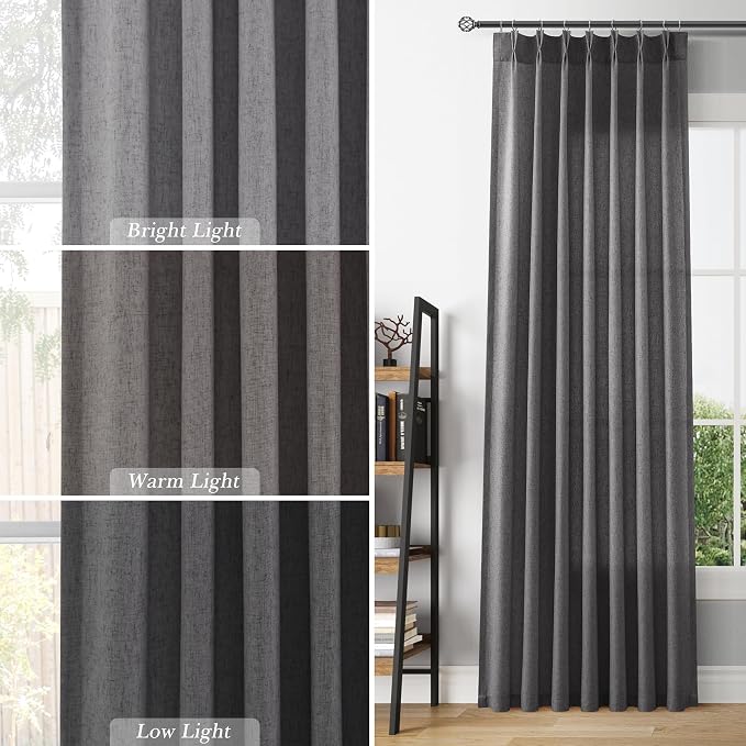 Aersas Linen Pinch Pleated Blazer Grey 120 Inches Curtains 2 Panels for Living Room Bedroom Semi Sheer Windows Treatment Back Tab Curtain with Hooks Modern Casual Bedroom Home Decor 40x120