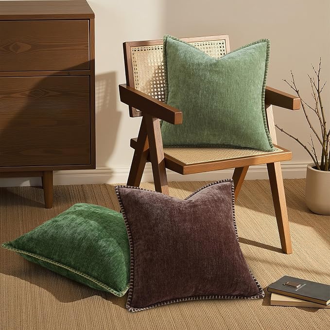 decorUhome Soft Chenille Throw Pillow Covers 24x24 Set of 2 Olive Green | Fall Textured Decorative Throw Pillow Cases Stitched Edge Modern Farmhouse Luxury Boho Velvet for Couch Sofa Bed Home Decor