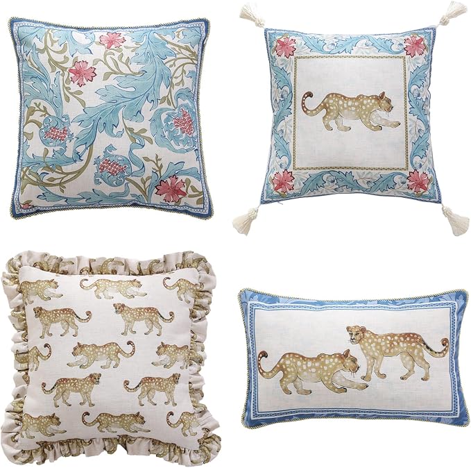 patdrea Designer Vintage Linen Throw Pillow Cover,Set of 4-Fromm | Elegant Decorative Pillow Case with Zipper,Leopard Pattern,Pillow Cover for Couch Living Room Bedroom Sofa