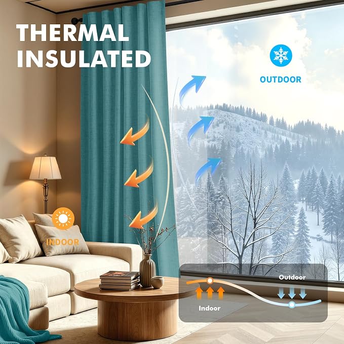 MIULEE 100% Blackout Linen Curtains for Bedroom 42 x 84 Inch Teal 2 Panels | Thermal Insulated, Room Darkening Drapes for Living Room, Back Tab Rod Pocket Pinch Pleated, Solid Luxury Decor