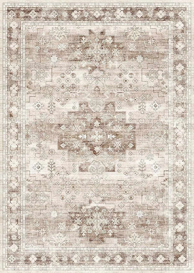 Washable Farmhouse Living Room Rug, 9x12 Area Rugs for Bedroom, Dining Room Under Table Carpet, Kids Room, Large Boho Vintage Non-Slip Floral Rugs Low Pile Stain Resistant (9x12 Beige/Latte)