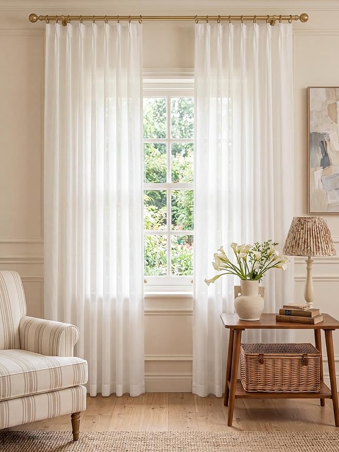 THREE GIRLS Liz Pinch Pleated Linen Curtains 84 Inches Long, Light Filtering Curtains for Living Room, Farmhouse Window Curtains for Bedroom, Modern Drapes with Hooks and Rings, White, 2 Panels Set
