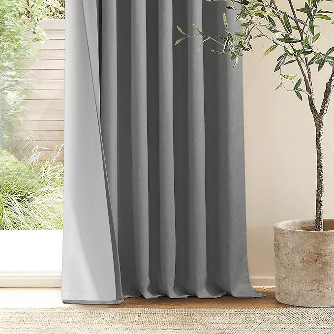 Grey 63 Inch Blackout Pleated Linen Curtains with Liner 2 Panels W40xL63 | Memory Trained, 100% Black Out, Thermal Insulated, UV Blocking, Noise Reducing Curtains for Small Window Bedroom 2 Panels