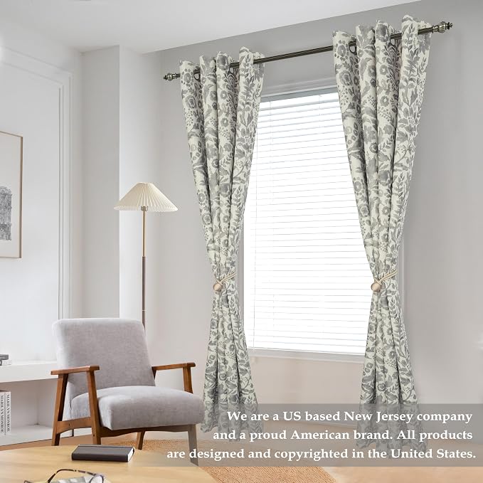 DriftAway Julia 100% Blackout Curtains Grommet 2 Panels, W52xL84, Gray | Floral Curtains, Bedroom, Living Room, Linen Blend, Watercolor Pattern, 2 Layers, Thermal Insulated, Window Treatment