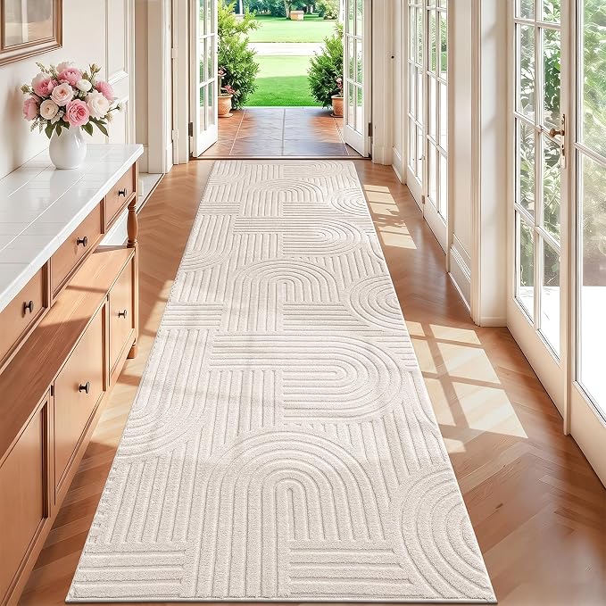 SHACOS Soft Cozy Fluffy Arch High Low Pile Runner Rugs 3x8 ft Non Slip Washable Scandinavian Minimalist Area Rug Runner Modern Carpet for Living Room Bedroom Bathroom Hallway Kitchen, Beige