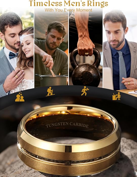 Jstyle Tungsten Wedding Rings for Men Black/Silver/Gold Mens Wedding Band 8MM Mens Engagement Rings Groove Beveled Edges High Polish/Matte Finish Men's Promise Ring Comfort Fit Size 7-14