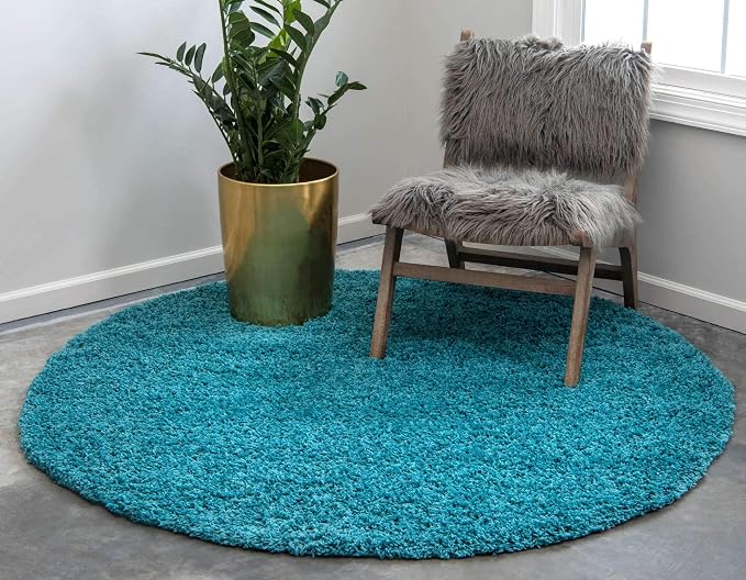 Unique Loom Solid Shag Collection Area Rug (6' 1" Round, Deep Aqua Blue) | Modern solid area rug for dining room, entryway & bedroom. Stain-resistant, easy-care, kid & pet friendly