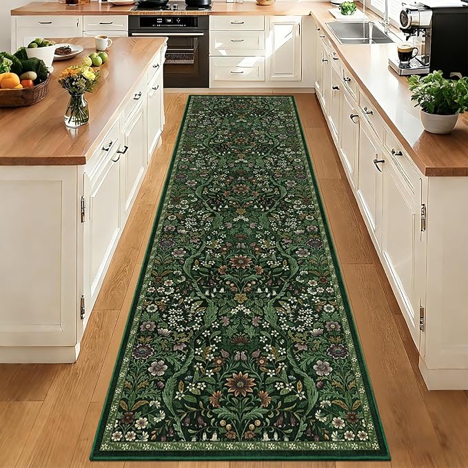 3×10 Washable Runner Rug,Dark Green Floral Kitchen Rugs for Hallway,Low-Pile Non-Slip Stain Resistant Carpet for Kitchen, Bedside,Laundry Room,Entryway