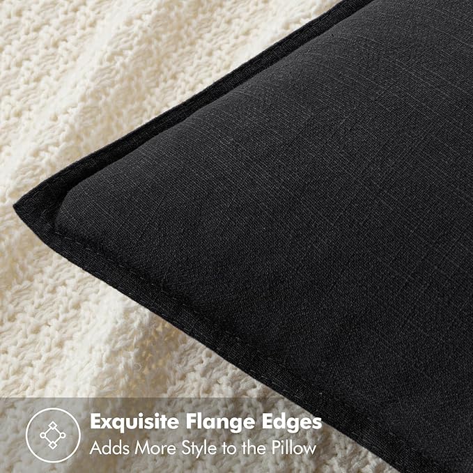 MIULEE Decorative Linen Euro Sham Pillow Covers 24x24 Black | Boho Farmhouse Neutral Couch Throw Pillows for Bed, Pack of 2 Accent Modern Pillowcases, Sofa Livingroom Home Decor