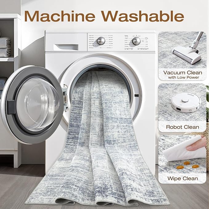 4x6 Rug Washable Area Rugs: Neutral Abstract Soft Modern Stain Resistant Small Indoor Floor Non-Slip Low Pile Throw Carpet for Entryway Kitchen Bedroom Nursery Kids Office Playroom Home House- Blue