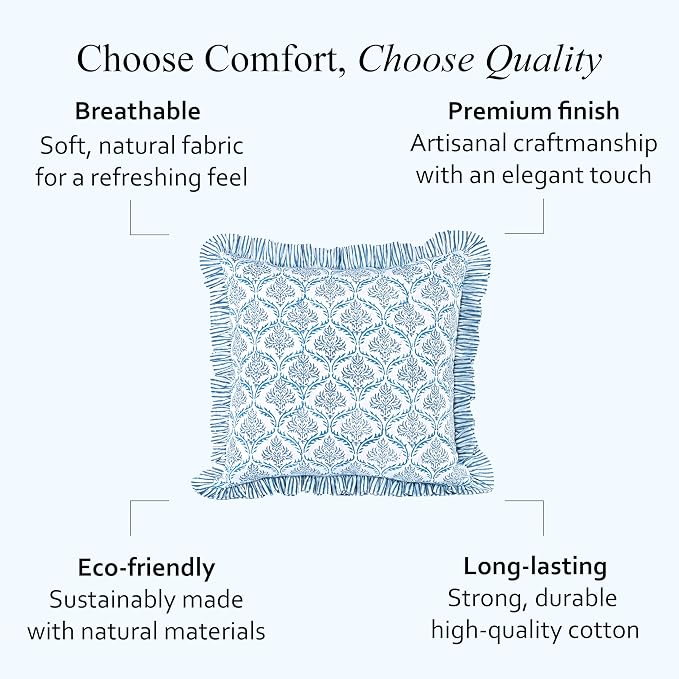 CPC Indigo Regal Hand Block Print 100% Cotton Ruffle Throw Pillow Cover 20x20 inch with Hidden Zipper Decorative for Couch, Bed, Sofa, Farmhouse, Cottagecore Decor Gift Christmas Fall Thanksgiving