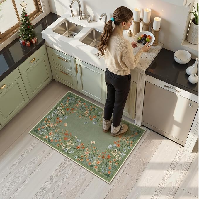 Wonnitar 2x3 Washable Area Rug, Green Floral Entryway Rug, Boho Small Non Slip Rug for Bathroom, Soft Kitchen Accent Carpet, Ultra Thin Bedside Laundry Decor (2x3 Green)