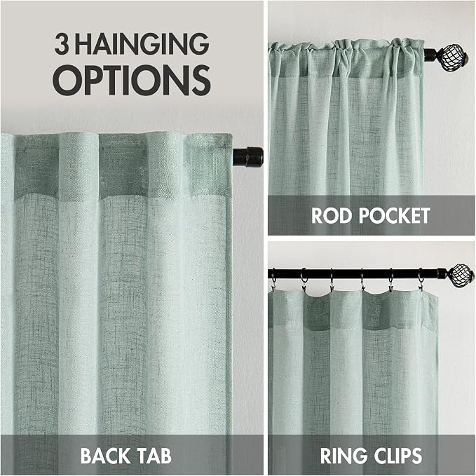 MIULEE Sea Green Linen Curtains 108 Inches Long for Bedroom Living Room, Soft Thick Linen Textured Window Drapes Semi Sheer Light Filtering Back Tab Rod Pocket Burlap Look Aqua Decor, 2 Panels