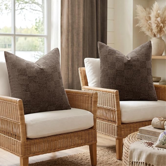 a moment Set of 2 Decorative Linen Throw Pillow Covers,Large Grid Textured Neutral Boho Farmhouse Cushion Covers,Soft Aesthetic Pillowcases for Couch Sofa Living Room Home Decor,18x18 Inch,Dark Brown