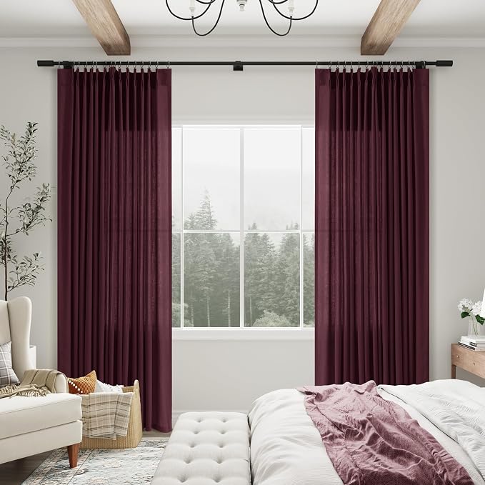 Aersas Burgundy Pinch Pleated Linen Curtains 108 Inch Length 2 Panels for Living Room Bedroom Semi Sheer Window Curtain Boho Neutral Back Tab Pinch Pleat Drape with Hooks 40x108