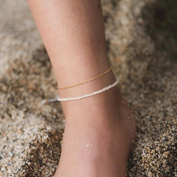 DREMMY STUDIOS Gold Anklet Bracelets for Women 14K Gold Plated Stone Handmade Beaded Link Chain Anklets Jewelry Gift