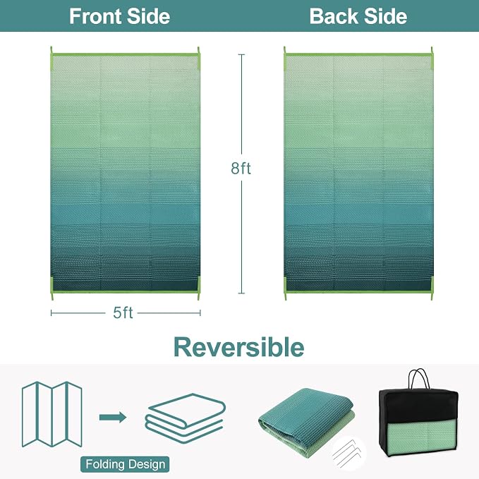 Lahome Outdoor Plastic Straw Rug 5x8, Reversible Waterproof Outdoor Rug Rv Outdoor Mats for Camping Large Carpet for Porch, Deck, Camper, Balcony, Picnic, Blue-Green 5x8