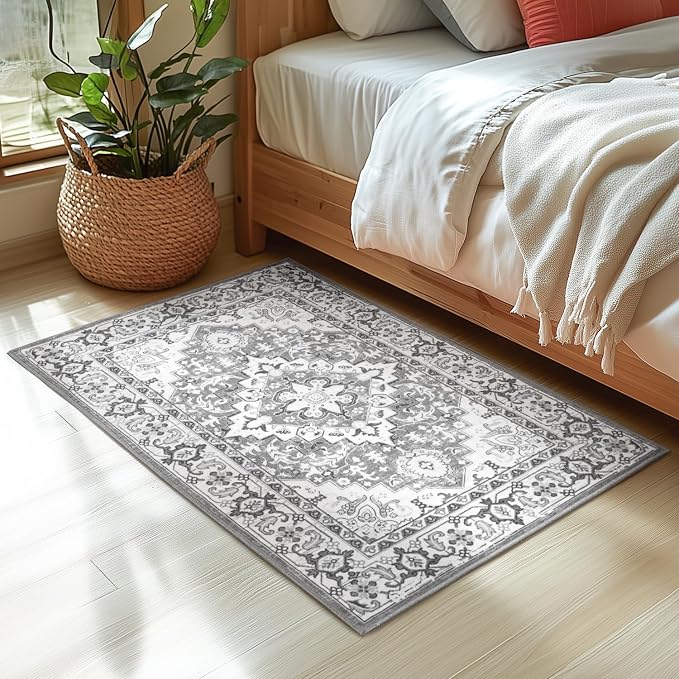 Lessymo 2 x 3 Entryway Rug - Machine Washable Area Rugs Boho Faux Wool Low Pile Area Rug for Bedroom, Floral Medallion Vintage Outdoor Rugs with Non-Slip Rubber,Grey Beige