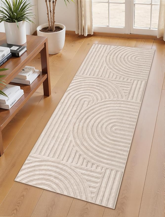 Ciicool 2x6 Washable Runner Rug,Beige Solid Hallway High-Low Pile Carpet | Modern Textured Soft Fluffy Non Slip Plush Carpet Stain Resistant Bedside Bedroom Dining Room Kitchen Entryway indoor Decor