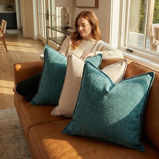 20x20 Inches Throw Pillow Covers Set of 4 Soft Textured Chenille Decorative Cushion Cases for Couch Sofa Bed Modern Farmhouse Neutral Accent Covers with Hidden Zipper Beige Green