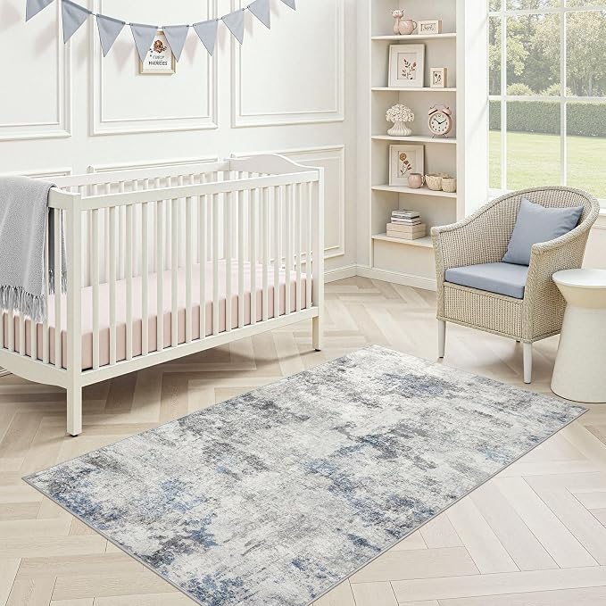 DMOYEST 3x5 Area Rug - Washable & Non Slip Living Room Rug, Ultra Soft Abstract Low Pile Carpet, Kid & Pet Friendly Modern Decor for Bedroom and Home Office - Grey Blue