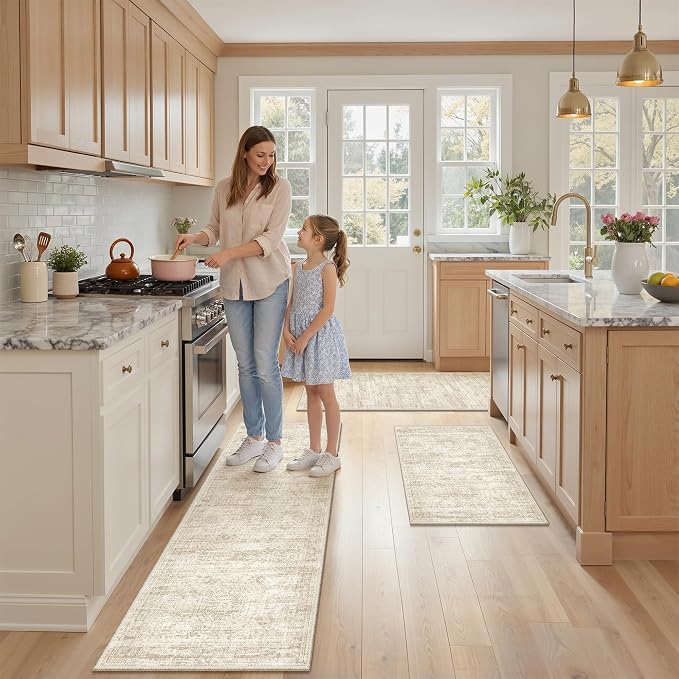 Kitchen Rugs Sets of 3, 2x3 2x4 2x5 Rug Runner,Beige | 3 Piece Washable Rug for Hallway,Entryway,Bedroom,Dining Room,Thin,Soft Runner Rug,Stain Resistant Indoor Carpet,Non Slip