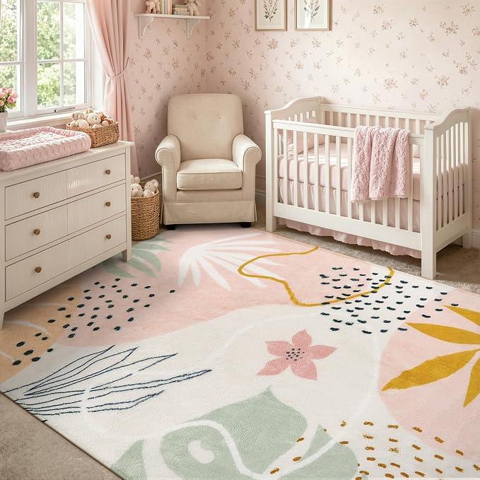Lahome Pink Boho Living Room Rug 6x9, Washable Non Slip Soft Botanical Area Rug for Cozy Family Room Classroom Bedroom Home Decor