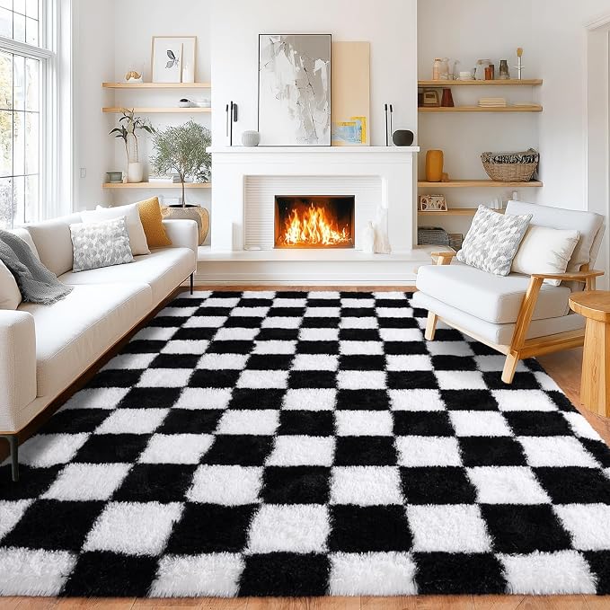 Pionblank 8x10 Area Rugs for Living Room, Fluffy Plush Checkered Rug for Bedroom, Modern Shag Non Slip Soft Furry Large Carpet for Kids Room Nursery Home Decor, Black and White