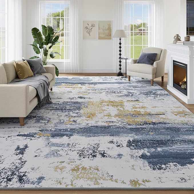 Kelarea Washable Area Rug for Living Room, 6x9 Non Slip Modern Abstract Blue Rugs, Easy Clearning Low Pile Large Carpet for Bedroom, Dining Room, Nursery, Office
