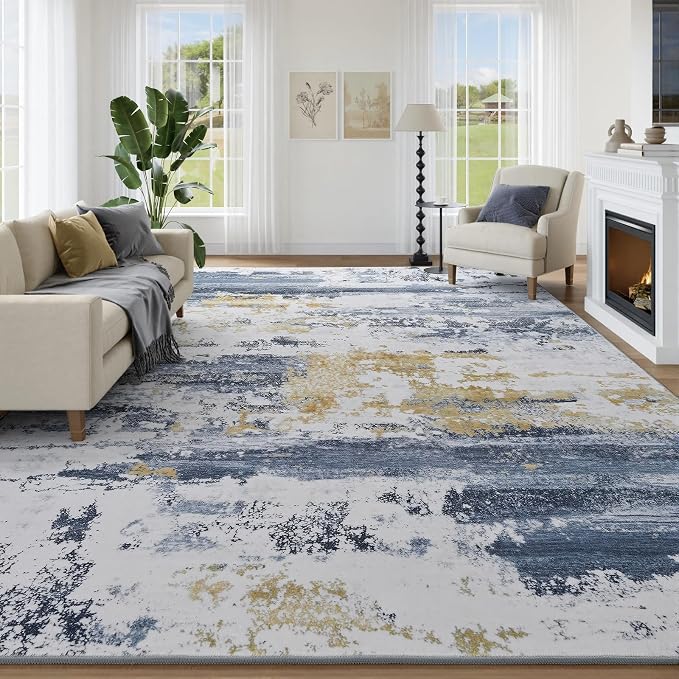 Kelarea Washable Area Rug for Living Room, 8x10 Non Slip Modern Abstract Blue Rugs, Easy Clearning Low Pile Large Carpet for Bedroom, Dining Room, Nursery, Office