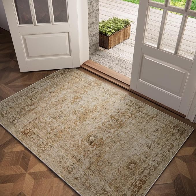 Washable 2x3 Entryway Rug, Boho Vintage Non-Slip Door Mat Brown | 0.3" Neutral Throw Small Rugs for Bedroom Kitchen Nursery Entrance, Cushioned for High-traffic Area