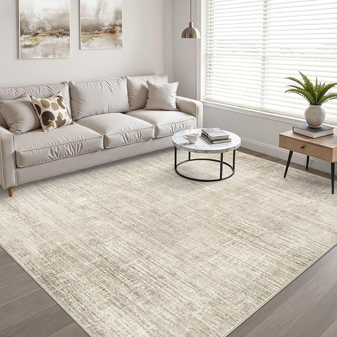 10x12 Area Rug Living Room: Washable Large Neutral Beige Rugs Abstract Soft Modern Stain Resistant Indoor Floor Non-Slip Carpet for Bedroom Nursery Kids Office Playroom Dining Room Under Table Home