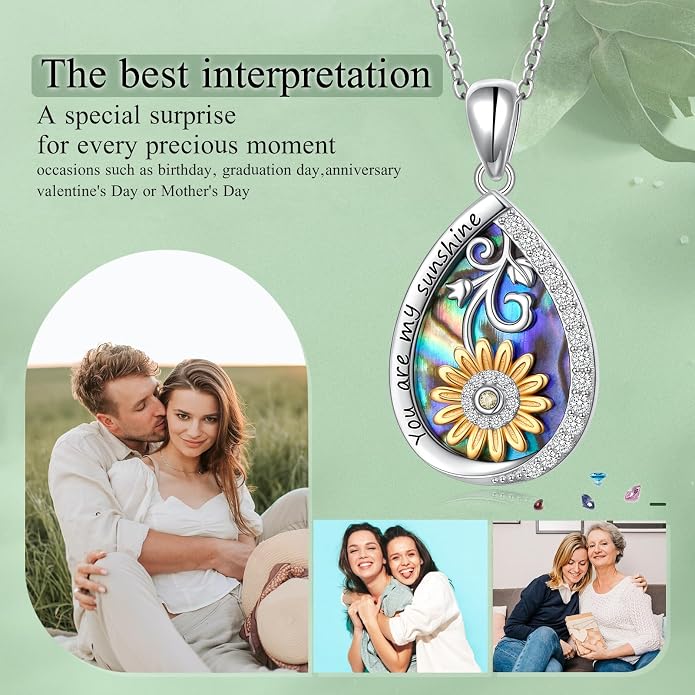 DAOCHONG 925 Sterling Silver Filigree Moonstone Sunflower Necklace Celtic Teardrop Abalone Shell Jewelry for Women Birthday Christmas Anniversary